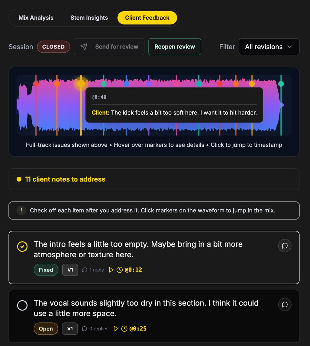 Engineer view: Client Feedback tab with waveform markers and client notes as action items