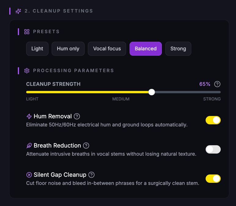 Audio Restoration parameters in MixMaster Pro