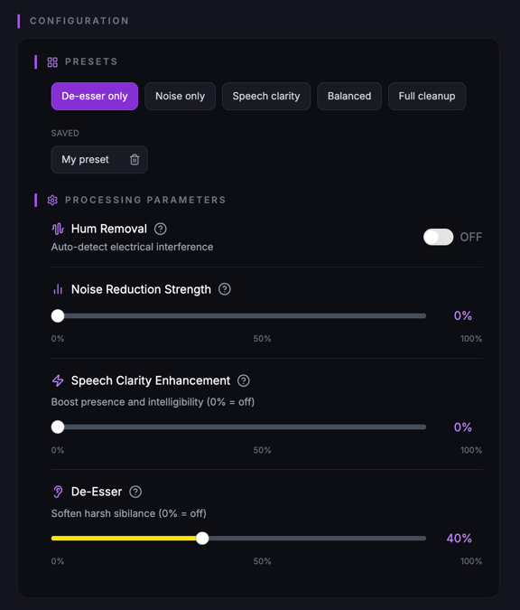 Voice De-Noise parameters: noise reduction, hum removal, speech clarity, de-esser
