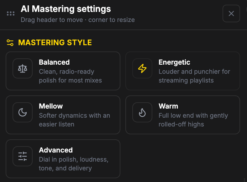 Mastering style presets in MixMaster Pro