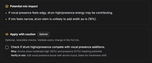 Stem Insight preview showing applied drum fixes