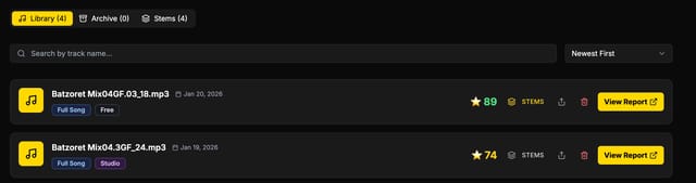 Stems shown inside the MixMaster Pro analysis workflow