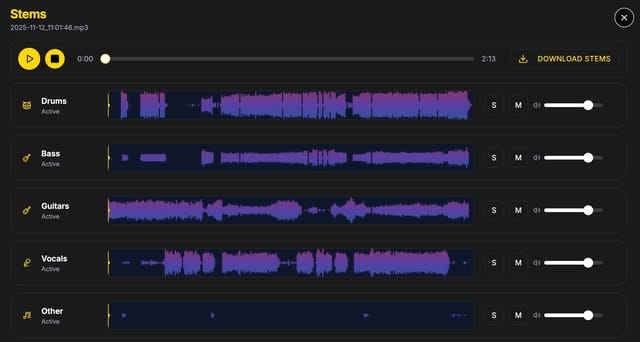 MixMaster Pro stems list showing separated instruments