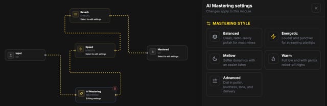 Workflow Builder canvas chaining professional audio modules
