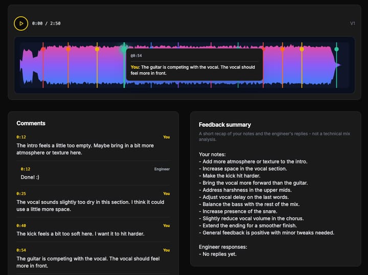 Client interface: waveform with timestamped pins, comments thread, and feedback summary