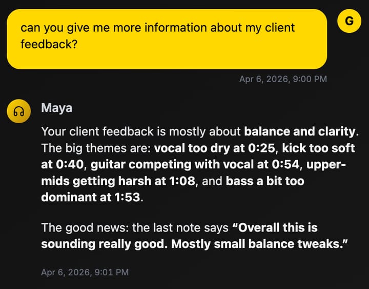 Maya chat summarizing client feedback themes with timestamps