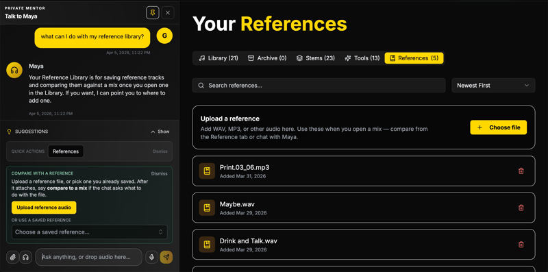 Upload a reference in Personal Mentor chat so Maya can respond with mix-specific guidance