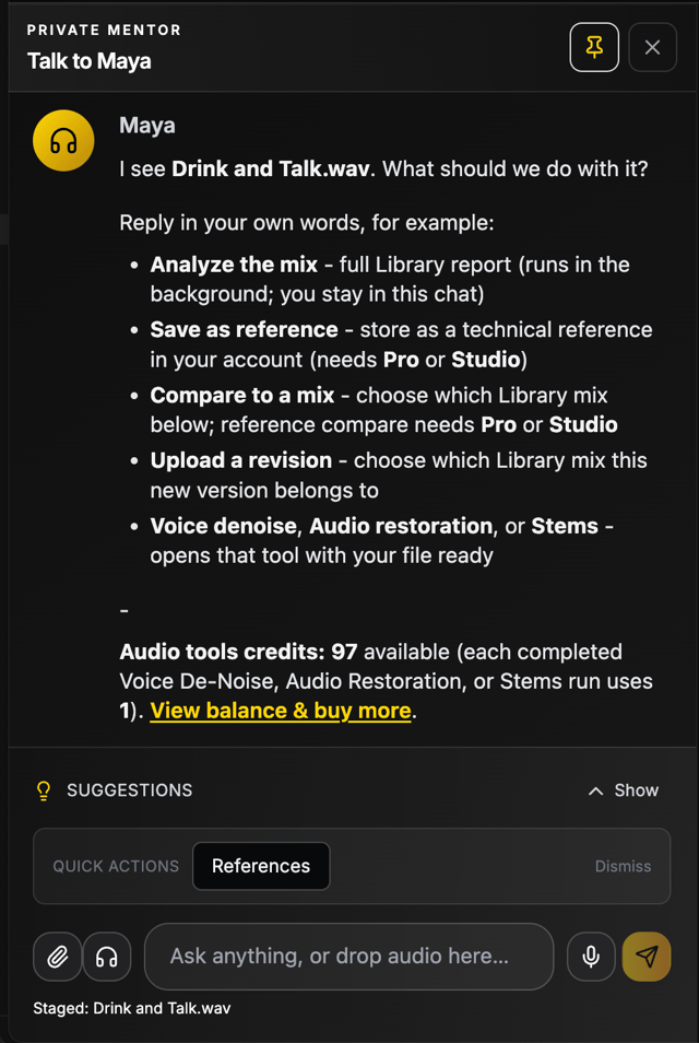 Upload a new mix file or reference from Maya Personal Mentor chat