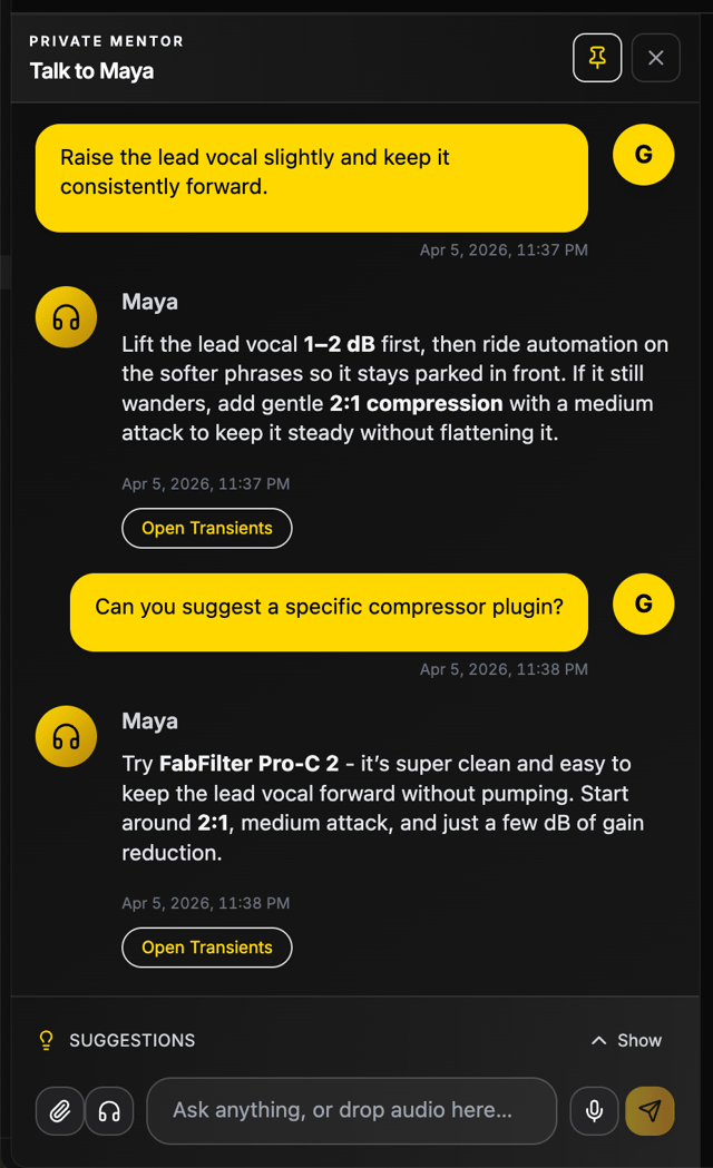 Maya Personal Mentor chat window in MixMaster Pro for AI mix coaching